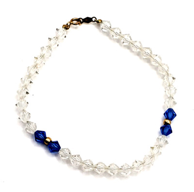 RTI 14K Gelbgold Swarovski Blau & Klar Kristall Doppelkegel Gold Perlen Armband