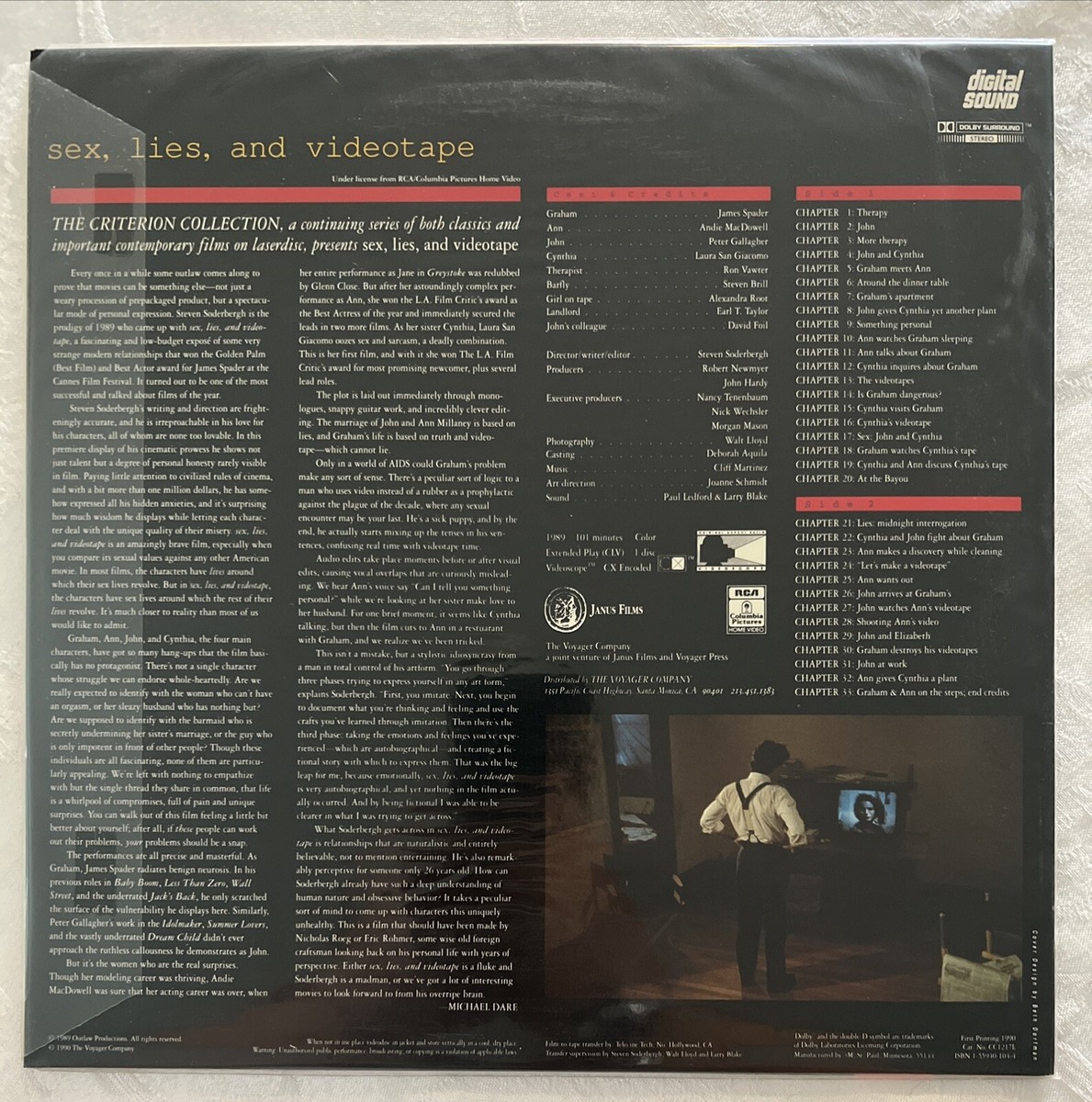 Sex Lies And Videotape 1989 Laserdisc James Spader VG VG   