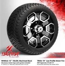 4x GOLF CART 12" MACHINED 'TALON' WHEELS and 215/40-12 DOT LOW PROFILE TIRES