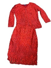 Vintage Come N See Red Ribbon Lace BeadedTwo-Piece Skirt Set Small