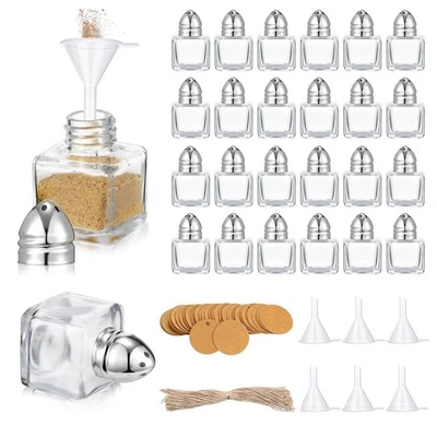 ZHOUZGLASS Mini Salt and Pepper Shakers with Tone Tops, Clear Mini Glass - 24 Pcs (Silver)