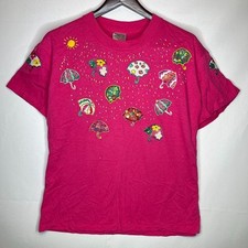 Oneita Umbrella Rain Print Handmade Graphic Tee Pink Women's Size L USA Made