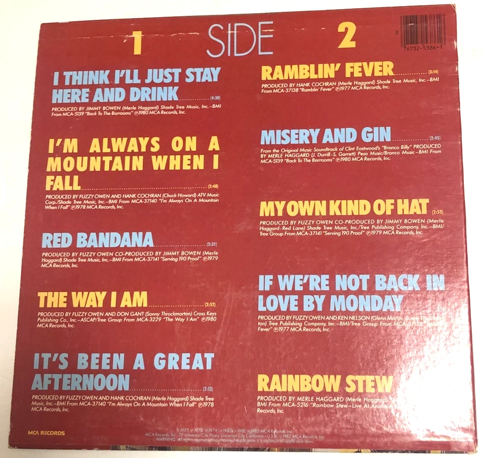 Merle Haggard 's Greatest Hits Lp MCA Vg+ - Image 2 of 4