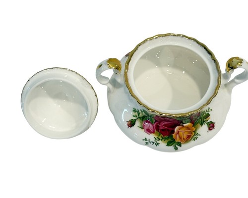 Tetera de porcelana Royal Albert Old Country Rose crema azucarero borde dorado 1962 - Imagen 12 de 16