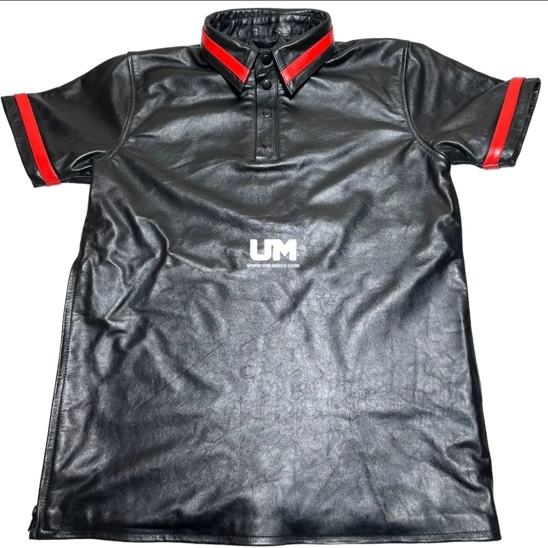 Men's Original Black Cowhide Leather Polo Shirt with Red Stripes Biker Top
