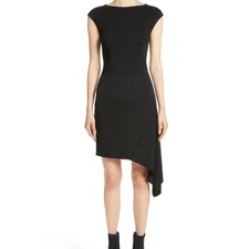 St John Size 8 Asymmetrical Milano Knit Dress Black Wool Rayon Blend Cap Sleeves