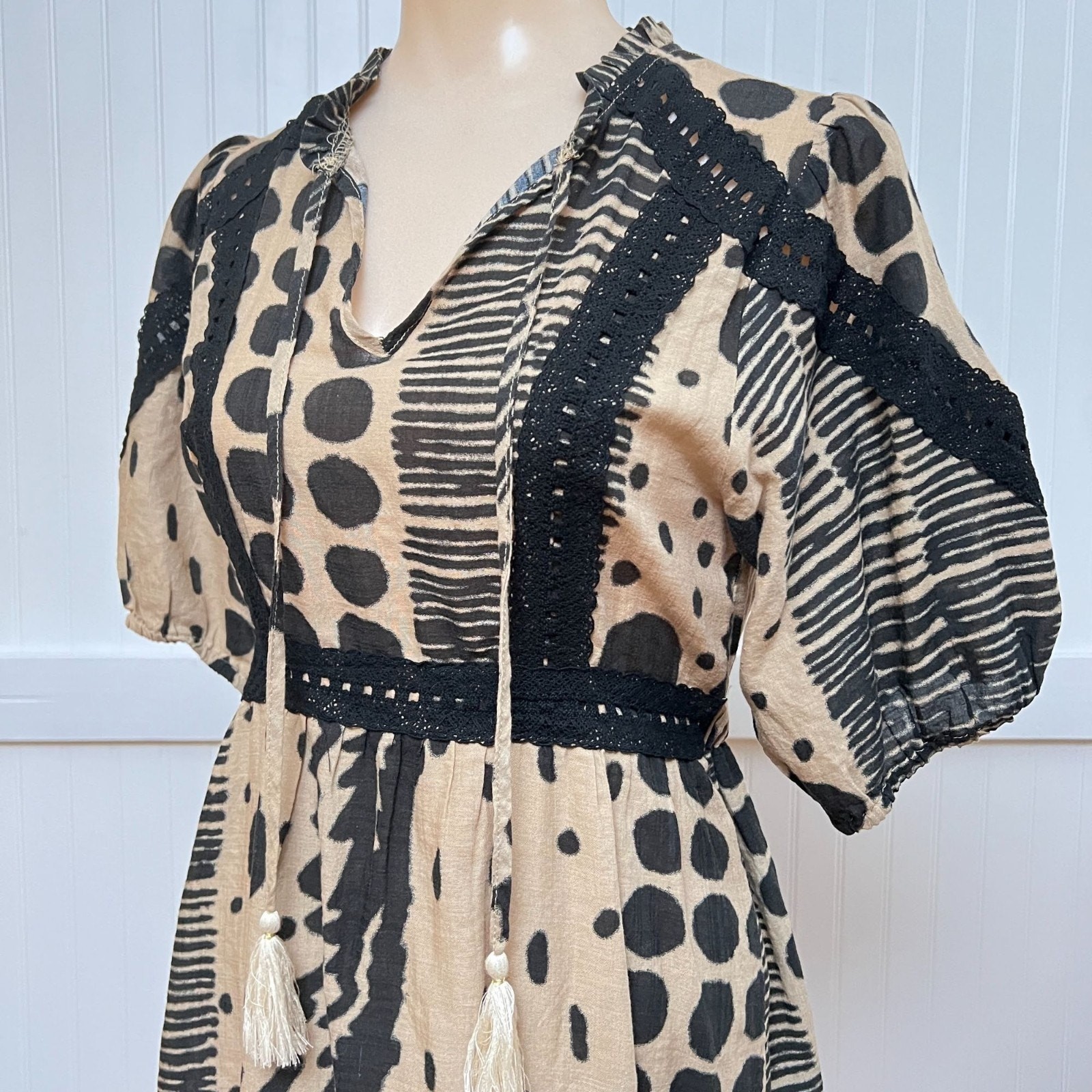 THML Geometric Patchwork Patterned Dress Beige Bl… - image 5