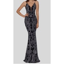 B A by Betsy Adam Sparkly Silver and Black Formal Baroque Evening Gown Dress