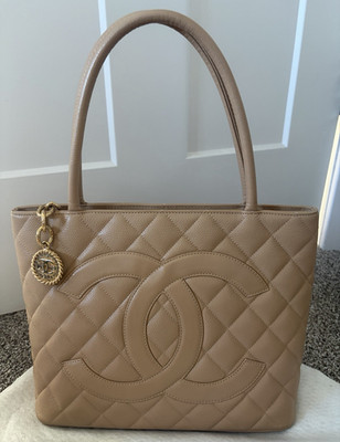 CHANEL Beige Quilted CC Logo Tote, Gold Hardware, Zip Closure, Medium