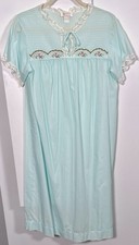 Vtg Barbizon Sz Large Blue Nightgown Floral Embroidery Cotton Semi Sheer USA EUC