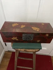 Rare Antique Japanese Meiji Leather Lined Hand Painted Wooden Jewelry Box 17”