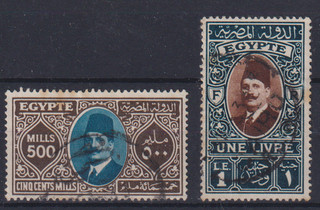 EGIPTO 1927 SG171/2 TY58 500m AZUL/MARRÓN Y £E1 MARRÓN Y VERDE CV USADO £12