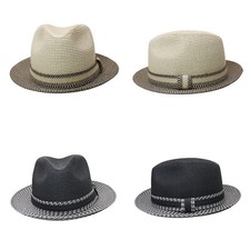 Men Women Summer Straw Pork Pie Hat Classic Short Brim Fedora Panama Sun Hat