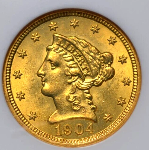1904 $2.5 GOLD LIBERTY QUARTER EAGLE NGC MS 62 BRIGHT AND FROSTY RICH  GOLDEN