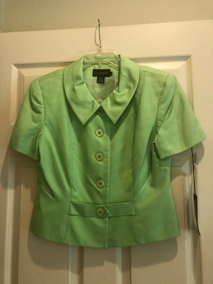 NOVO COM ETIQUETAS K G STUDIO VERDE LIMÃO 100% SEDA FORRADO 2~PC TERNO SAIA MANGA CURTA ~ 10 - Imagem 2 de 4