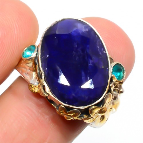 Blue Sapphire & Blue Topaz (Simulated) 925 Silver Two Tone Gold Plated Ring s.8
