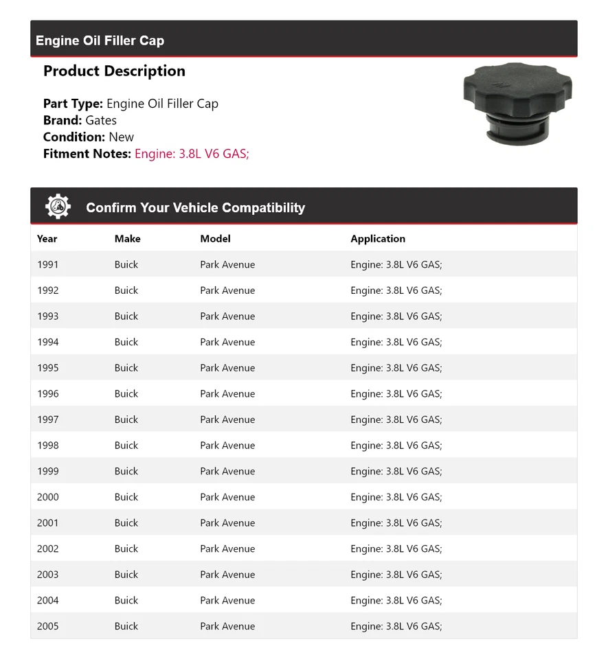 Крышка маслозаливной горловины для газового двигателя Buick Park Avenue 3,8 л V6 1991-2005 годов выпуска ворота 1992 - Изображение 2 из 4