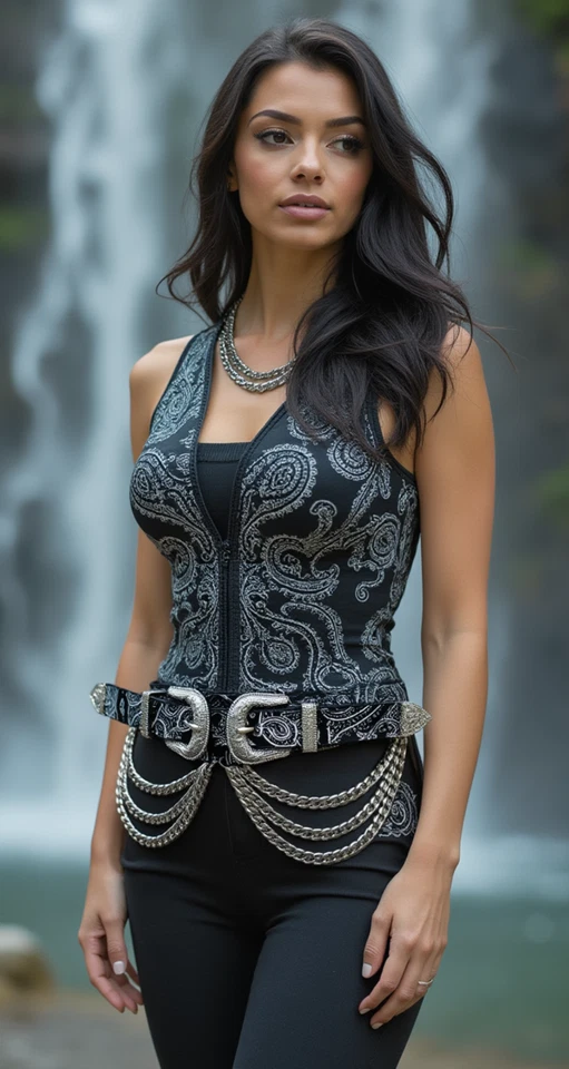 Cinto feminino preto elástico estampa paisley fivela dupla corrente ajustável P M - Imagem 4 de 4