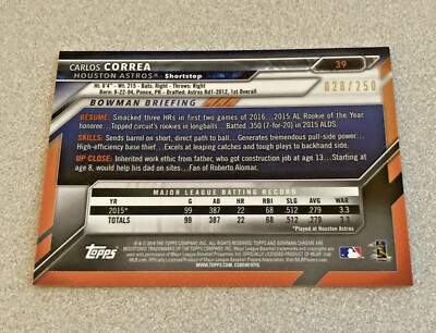 2016 Bowman Chrome Purple Refractor #39 Carlos Correa Astros /250