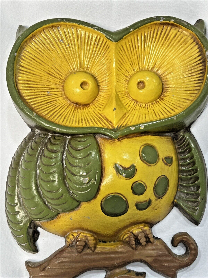 Vintage 1970 Sexton Owl Cast Aluminum Wall Art Hanging Decor Green