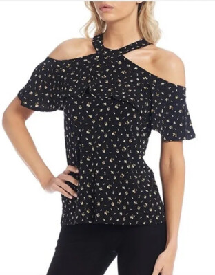 MICHAEL Michael Kors Women's Flounce Cold Shoulder Halter Neck Sleeve Top XS NWT