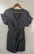 Portman's Black Linen Faux Wrap Buckle Short Ruffle Sleeve Shift Dress Size 6