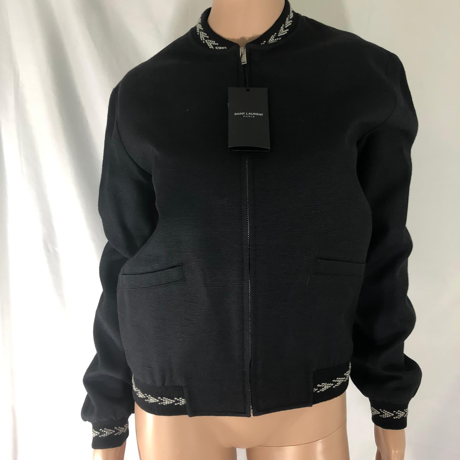 Giacca Donna Bomber Nuova con Etichette $2500 Saint Laurent Nero Cerniera Piena Tasche Lino 44