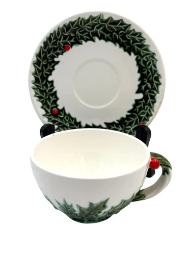 Vintage Lefton Holly Berry Tea Cup & Saucer Set Christmas Ceramic