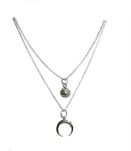 2 Hanging Moon And Sun Necklaces. Sterling Silver Double Necklace 40 And 45 Cm - Picture 2 of 3