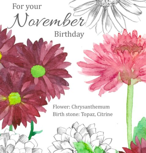 Happy November Birthday Greeting Card Chrysanthemum Watercolor Flowers   - Picture 1 of 3