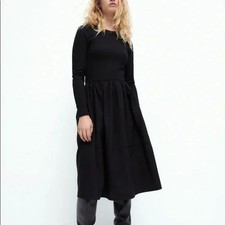 Zara Black Long Sleeve Dress Fit Flare Minimalist Classic Sz M Midi