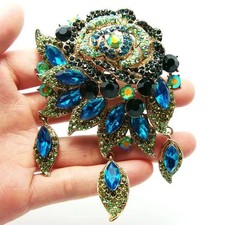 Vintage Style Flower Rose Brooch Pin Pendant Green Cyan Rhinestone Crystal