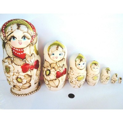 Wooden Nesting Dolls 7 Matryoshka Doll Figurines 9'' Wood Stacking Hand Crafted