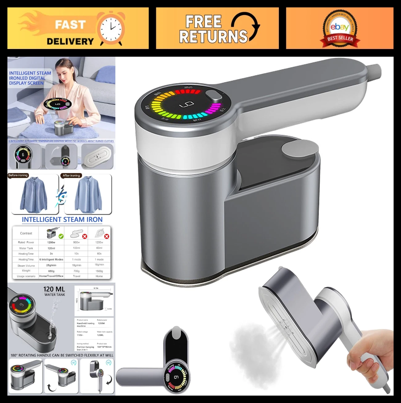 Portable Handheld Clothes Steamer - Fast Heat-Up, Travel Garment Wrinkle Remover