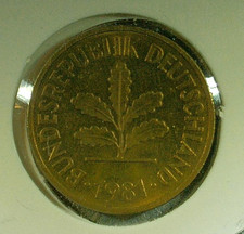 WORLD COIN SALE--1981-G  GERMANY  5 PFENNIG-BRASS PLATED STEEL COIN-KM# 107