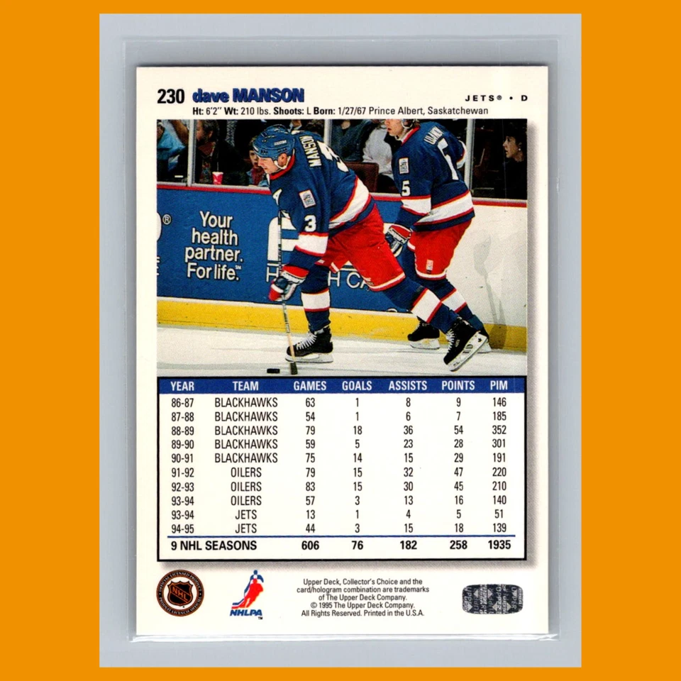 Dave Manson #230 1995-96 Collectors Choice Players Club Platinum Winnipeg Jets - Image 2 of 3