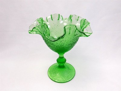 Vtg Fenton Green Glass Tree of Life Pedestal Double Crimped Compote Dish