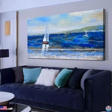 Blue Abstract Seascape Canvas Wall Art, Textured Sailboat Ocean Decor 40"x20"