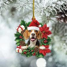 Personalized Beagle Dog Christmas Wreath Ornament, Beagle Dog Hanging Ornament