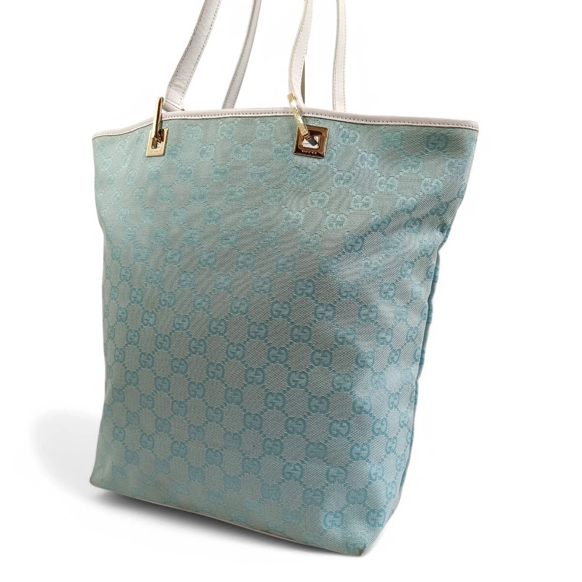 Sac fourre tout Gucci GG toile cuir bleu/blanc épaule or quincaillerie occasion