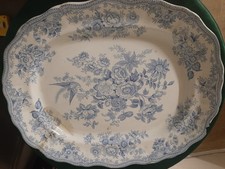 17" X 14" Large Antique BURSLEM Blue & White Floral & Bird Pattern Meat Platter