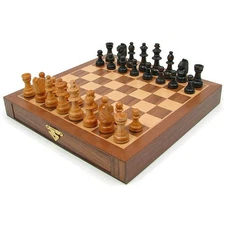 Inlaid Walnut Style Wood Chess Set Wood Pieces in Drawers 9.5 x 9.5 inches