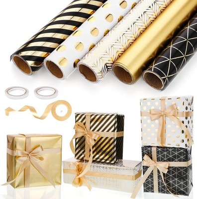 Woric 5 Rollen Geschenkpapier Set, 43cm x 3m Geschenkpapier Schwarz Gold