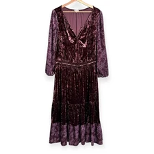 Frye And Co Velvet Long Sleeve Tiered Fit N Flare V Neck Midi Dress Women's 1X