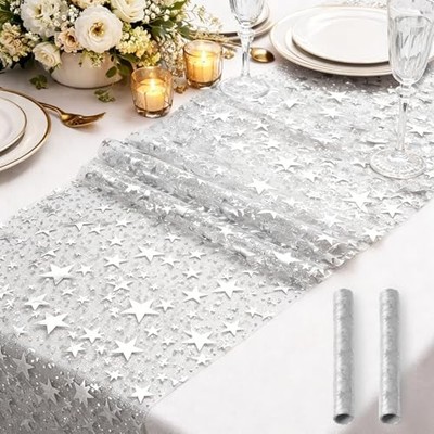 11'' W 108'' L, 2 Rolls Star Decor Table Runner Runner for Table, Silver