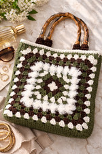 Tote Square Crochet Bamboo Handles Olive Brown Cream Boho Chic Purse