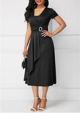 Sexy Asymmetrical V-neck Dress Women's High Waist Mid-length Solid Color Evening