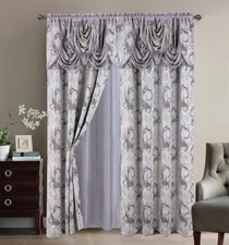 Jacquard Luxury 2 Curtain Panel Set with Attached Valance and Backing Bedroom...