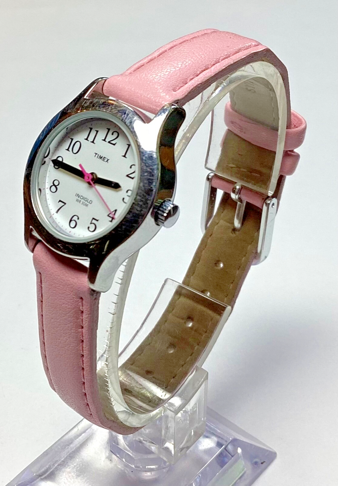 Timex Indiglo Easy Reader Silver White Pink Band Watch with New Battery
