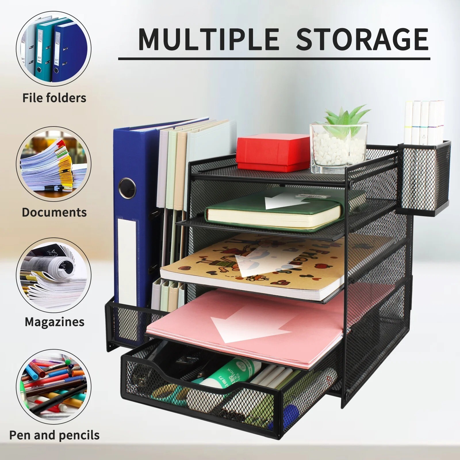 5-Tier Metal Desk Organizer with Drawer and Pencil Holder-image